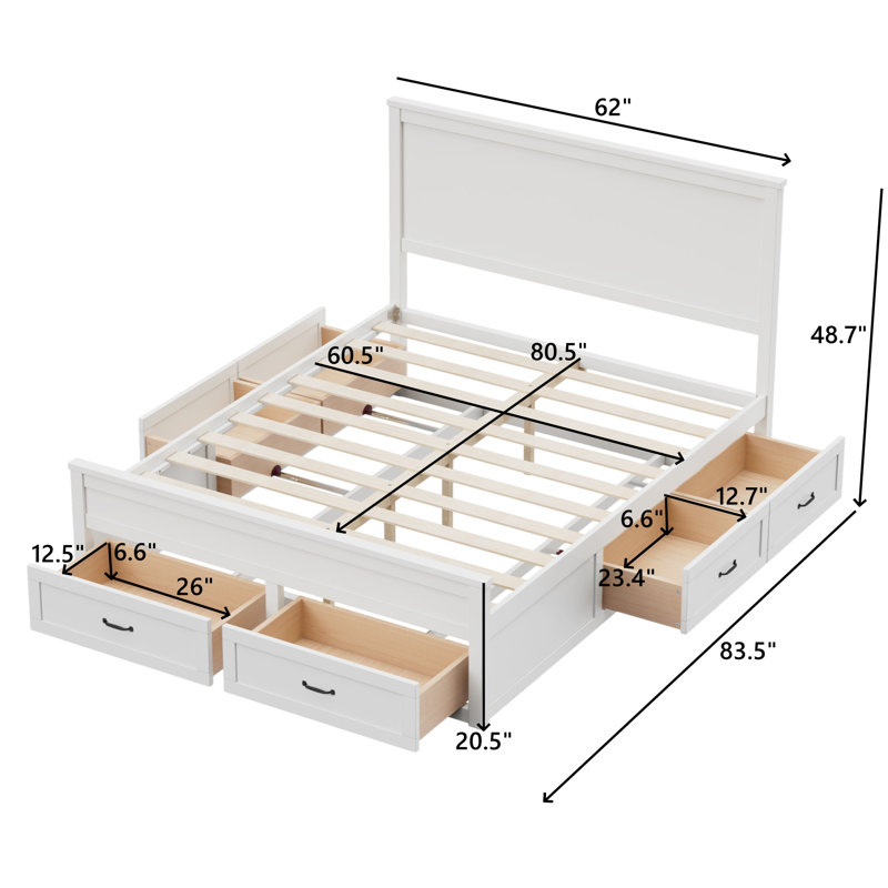 Wood Platform Bed With 6 Drawers, White