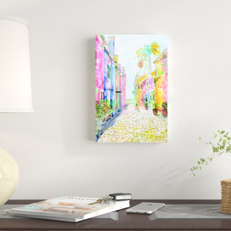 Watercolor Charleston Rainbow Row Homes - Peinture sur toile, H 12 po x l 8 po, Toile encadrée, Blanc