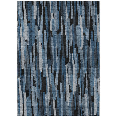 5' X 8' Blue Black And Gray Striped Washable Indoor Outdoor Area Rug