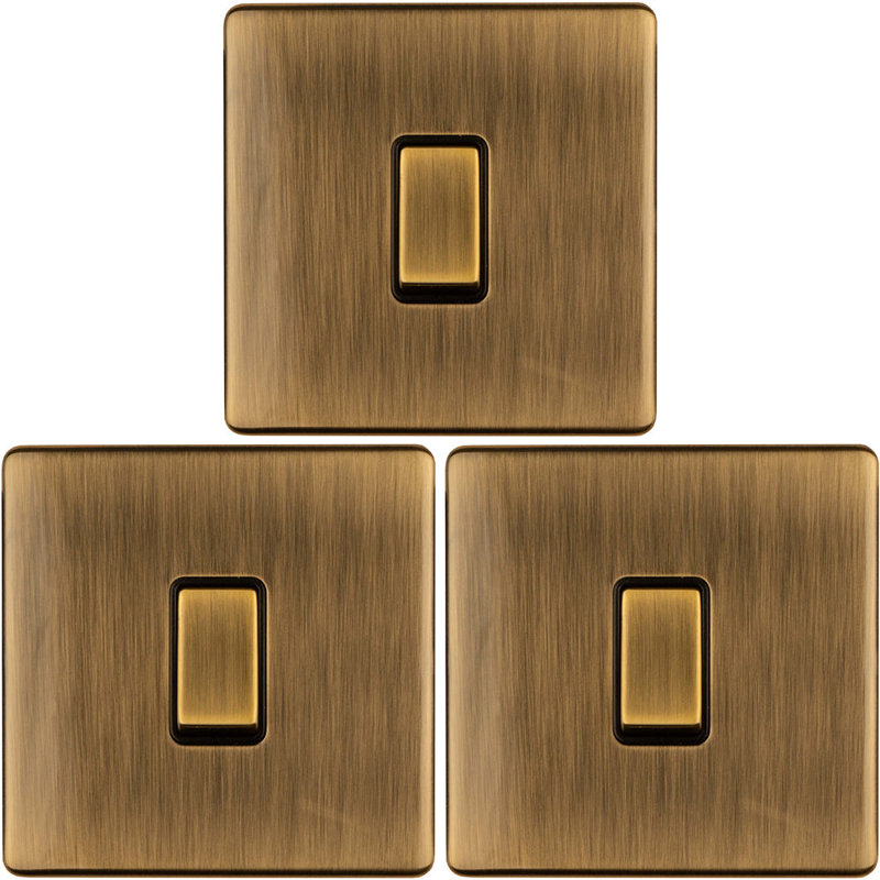 3 PACK 1 Gang Single Light Switch SCREWLESS MATT WHITE 2 Way 10A Slim Rocker, Antique Brass, Gold