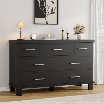 Commode 7 tiroirs en bois avec poignées en métal, commode de rangement pour chambre à coucher et chambre de bébé