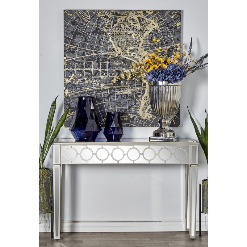 Skyler Glass Mirrored Geometric Silver Console Table with Circular Panel Inlay