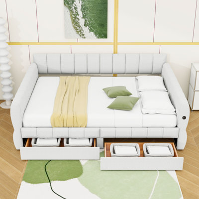 Queen Upholstered Platform Bed with USB Ports and 2 Storage Drawers