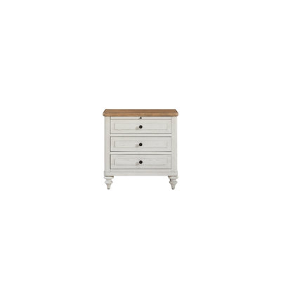 Table de chevet avec 3 tiroirs intégrés, aspect sable ciment, placage, tiroir supérieur doublé de feutre pour les petits articles, rangement inférieur à long terme, plateau coulissant, pieds tournés élégants, bois massif blanc +,