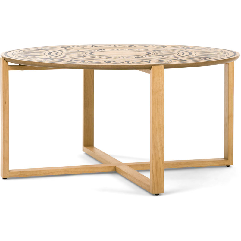 Natural Wood and Metal Round Coffee Table with Floral Design