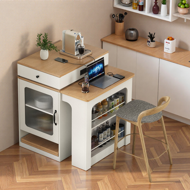 Kitchen Island With Extendable Dining Table, Double-sided Storage, 2 Drawers, Power Outlet And Side Open Shelves