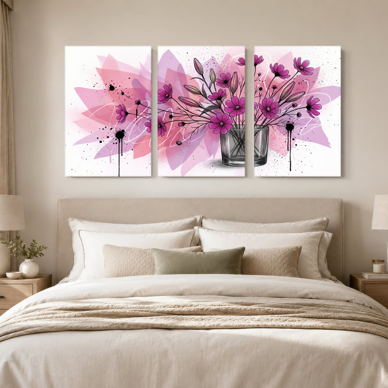 Fleurs mauves dans un vase en verre avec gouttes d'encre rose, ensemble de 3 toiles, H 30 po x l 20 po x 3 pièces
