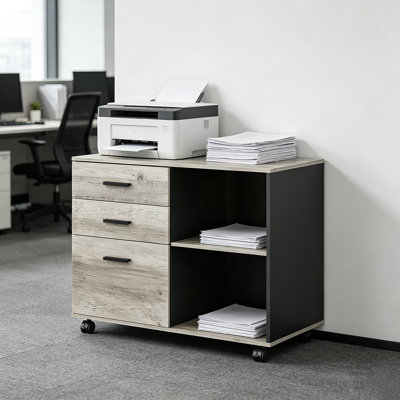 Classeur mobile avec 3 tiroirs et tablettes ouvertes, classeur latéral en bois, support pour imprimante pour bureau personnel