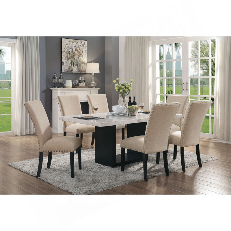 Superbe table à plateau en marbre avec 6 chaises d'appoint en tissu beige, ensemble de salle à manger 7 pièces, meubles en bois noir