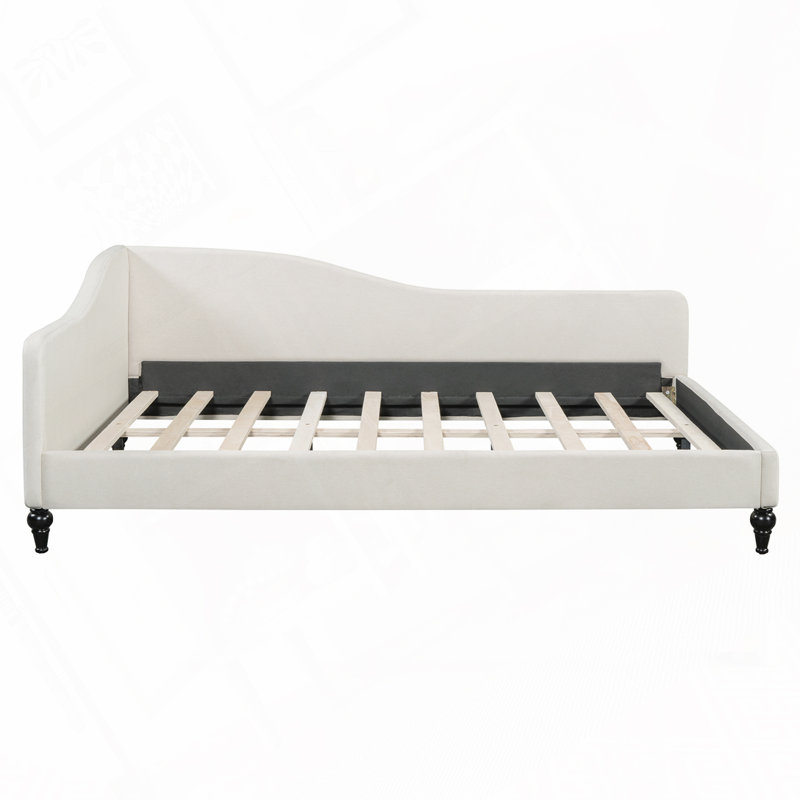 L-Shaped Linen Daybed, with Solid Wood Legs, Beige, Full/Double