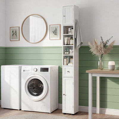 Armoire de rangement autoportante de 71 po de hauteur avec tiroir, 2 portes et 4 tablettes réglables - Tour en lin blanche étroite pour les petits espaces, buanderie, rangement pour garde-manger