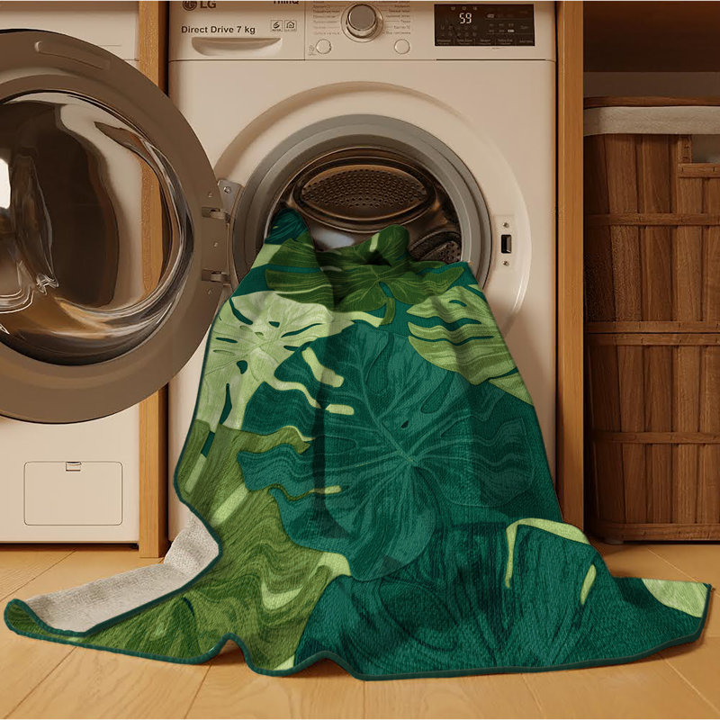 Machine Washable Botanical Green Area Rug, Rectangle 2' x 3'