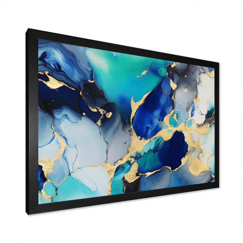 «Blue and Gold Luxury Abstract Fluid Art X - Fractals», reproduction sur toile, Cadre simple noir, H 12 po x l 20 po x P 1 po