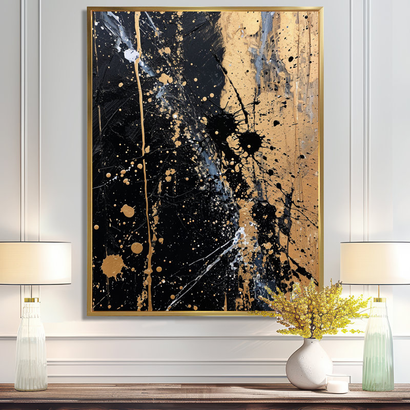 Spatter Explosion Gold Black - reproduction d'art abstraite, H 32 po x l 16 po x P 1 po, Toile avec cadre flottant or