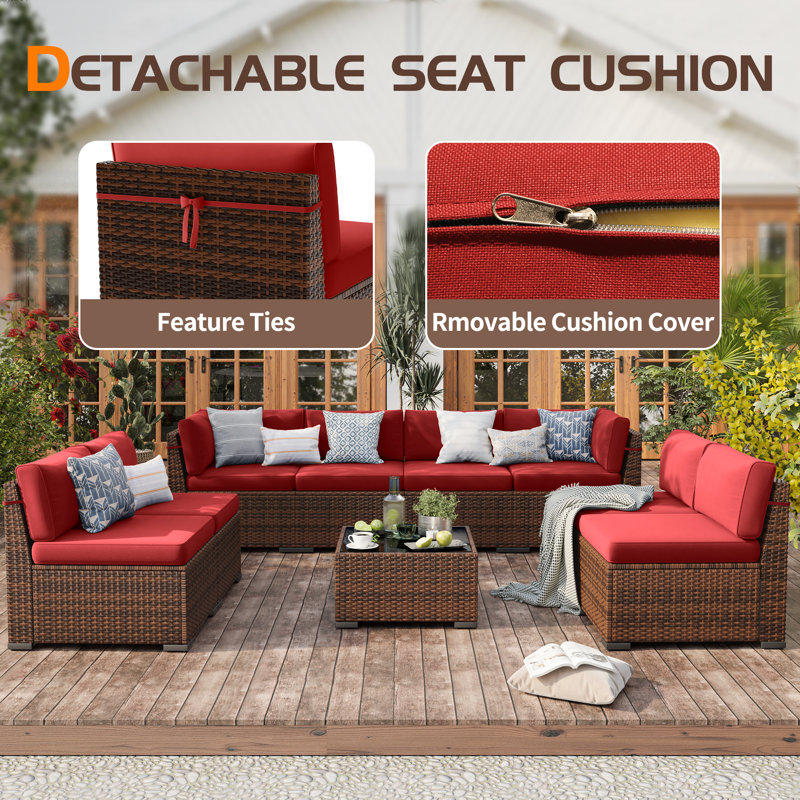 8 Person Rattan Sectional Seating Group With Cushions, Red, No