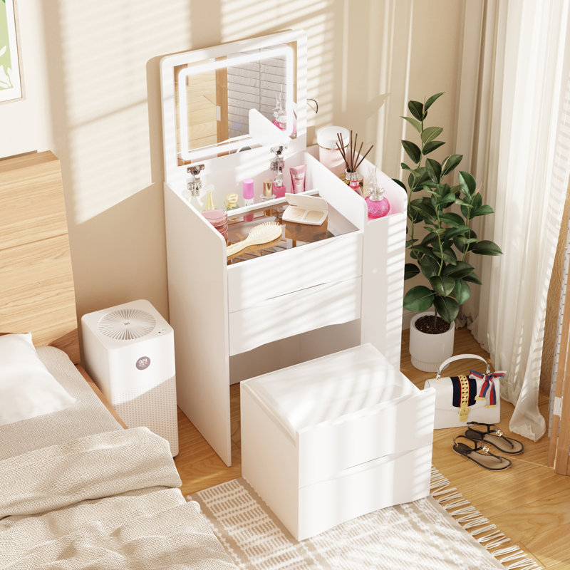 Rumeal 3 Drawers Flip Top Makeup Vanity Table With Storage Stool