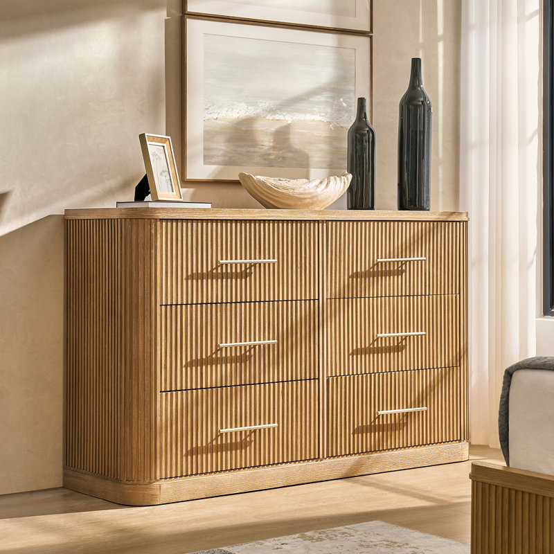 Graciana 62.25''W Modern Fluted 6-Drawer Dresser Simple Assembly, Natural