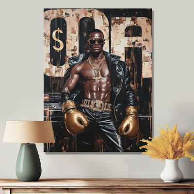 Boxer mâle foncé avec gants dorés - salon d'art mural «Boss Man»