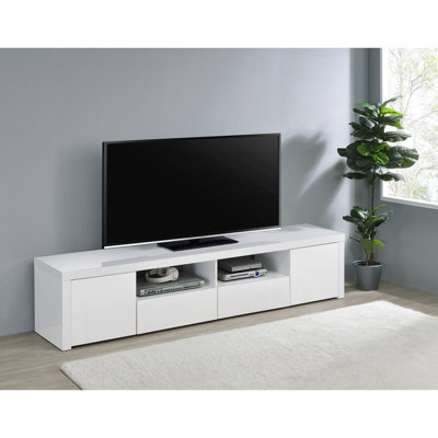 Meuble télé 2 portes blanc ultrabrillant avec tiroirs et armoires, conception moderne pour l'espace de vie principal, pouvant accueillir des téléviseurs muraux ou supérieurs, bois d'ingénierie, tiroirs à fermeture en douceur, deux ouvertures
