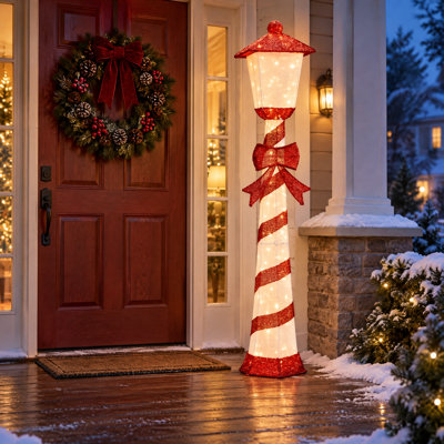 Phare rouge et blanc de 5 pi avec 110 DEL blanc chaud, phare de Noël recouvert de tissu pour décoration de Noël, prise américaine