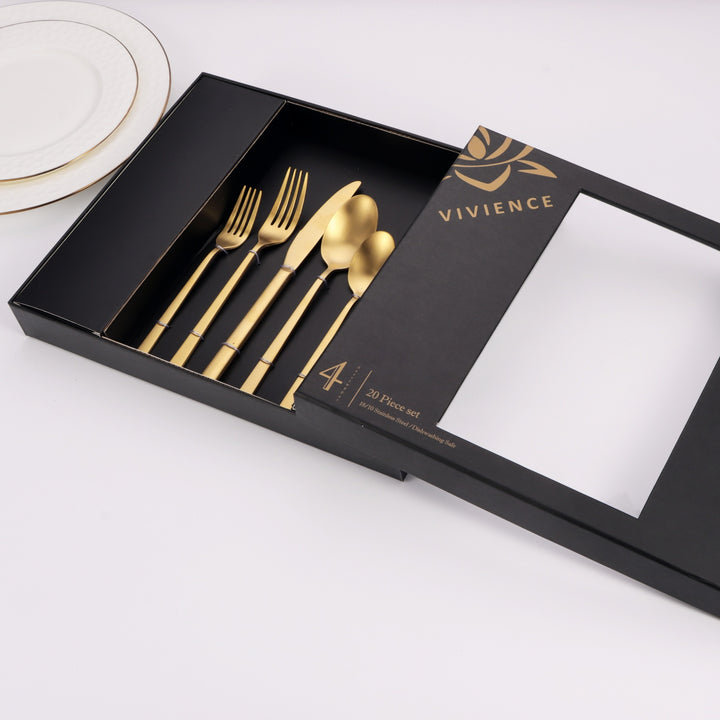 20 Pc Flatware Set with Square Handles, Gold