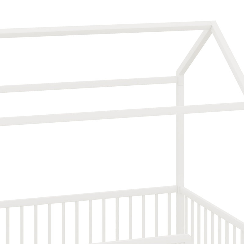 Lit sur pied Montessori avec conception de maison et clôture de protection, Lit simple, Blanc