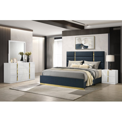 Ensemble de chambre avec grand lit 4 pièces Miyoka Gris et blanc ultrabrillant