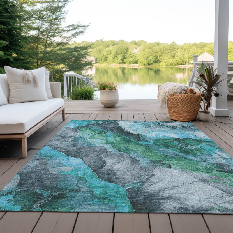 Machine Washable Indoor/Outdoor Xhevrie Teal Rug, Rectangle 8' x 10'