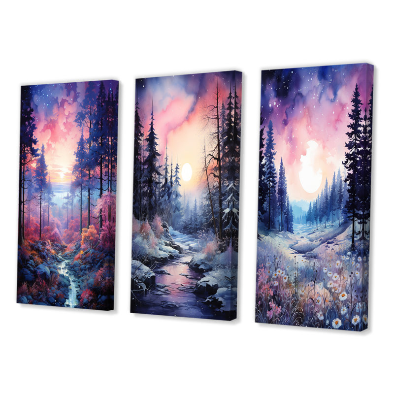 «Pine Tree Winter Twilight», 3 pièces sur toile, Toile tendue, H 40 po x l 60 po