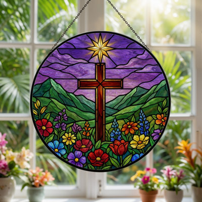 7.8"H Cross Flower Stained Glass Window Panel