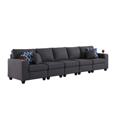 Dark Gray Linen 5 - Seater 145.5" With Cupholders, 4 Throw Pillows, 17.75" Seat Height, 23" Depth, 24.25" Arm 3.25" Brown Plastic Leg, 18" Back Foam Filled Seats And Pocket Coil Springs, Modular