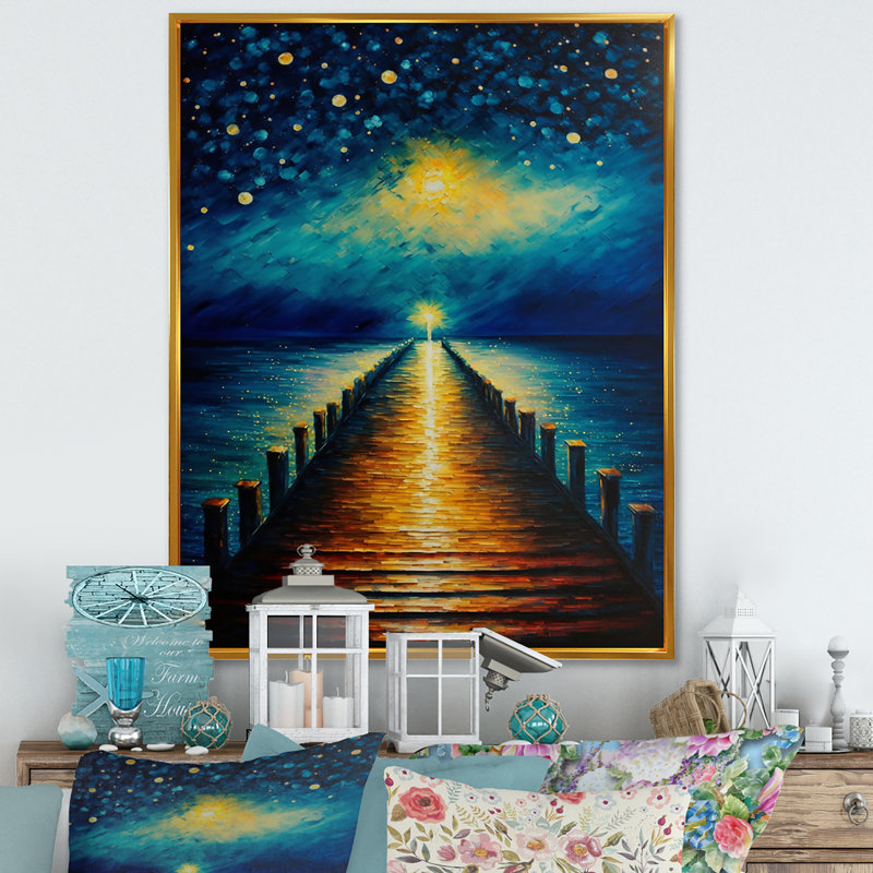 Lumière au bout de la jetée pendant la nuit orageuse II - paysage mural montagnes du lac, H 40 po x l 30 po x P 1,5 po