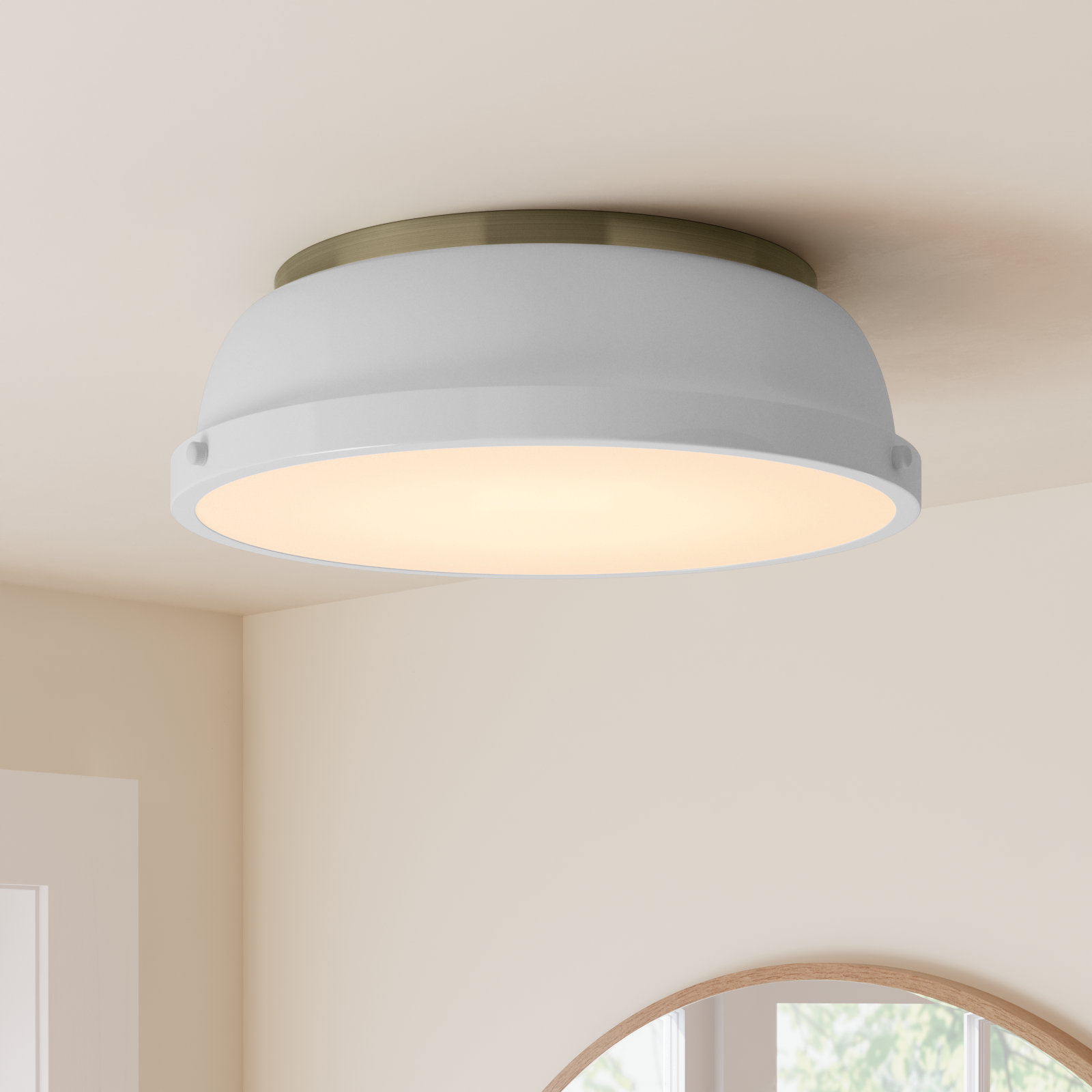 Calico 2 Light Steel Flush Mount, Aged Brass, White