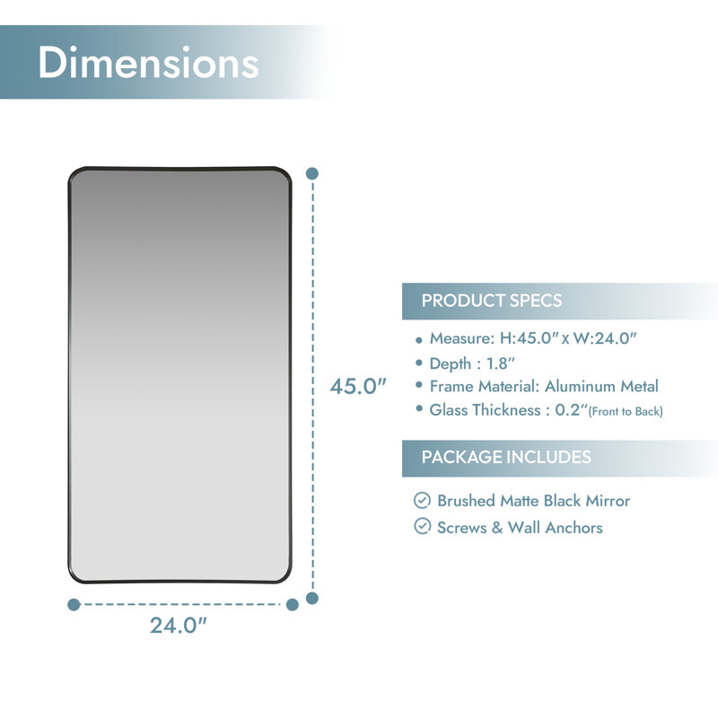 Mercer41 Elsiana 24 in. W x 45 in. H Rectangle Aluminum Framed Wall Mount Mirror, Brushed Black