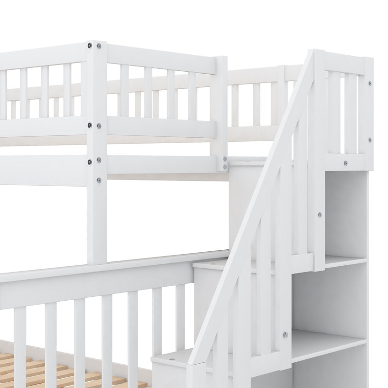 Lit simple superposé au dessus d'un lit double avec gigogne et escalier, blanc, Blanc