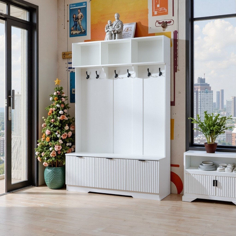 Talia 6.5ft Entryway Hall Tree With 3-Section Storage Open Shelf & Hooks Solid Engineered Wood