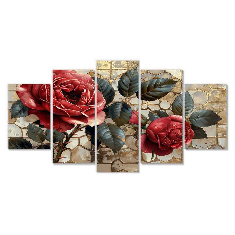 «Red Rose Vintage Silver Gold I - Roses», art mural 5 pièces