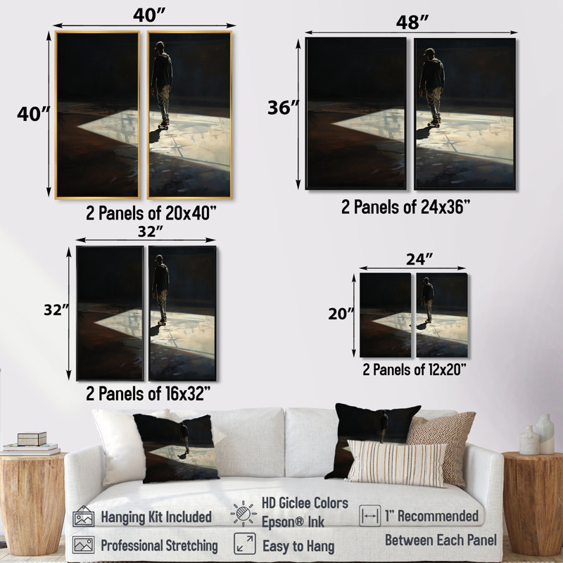 Skateboard Street Shadows - Art mural moderne sur toile, Black, 36" H x 48" W, Impression encadrée flottante
