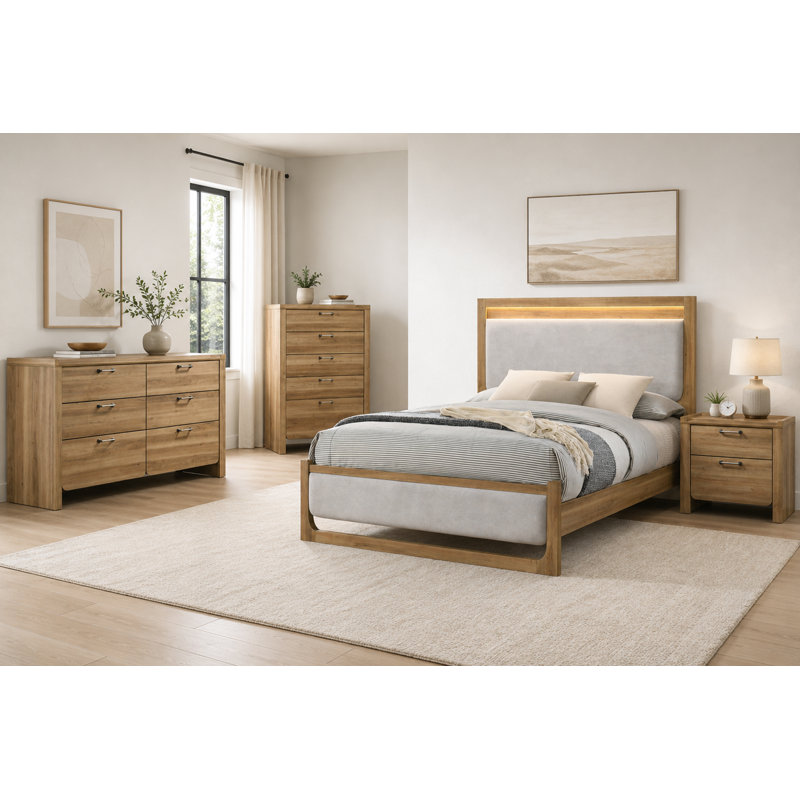 Ensemble de chambre à coucher de style transitionnel 4 pièces, lit tapissier à lumière DEL (sommier requis), table de chevet, commode et commode, finition bois naturel