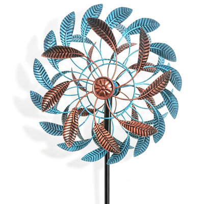 Double tour de vent à double couche, sculpture de vent rotative en métal à 360 ° avec motif de feuilles, décoration de jardin imperméable pour le patio, la pelouse et la cour