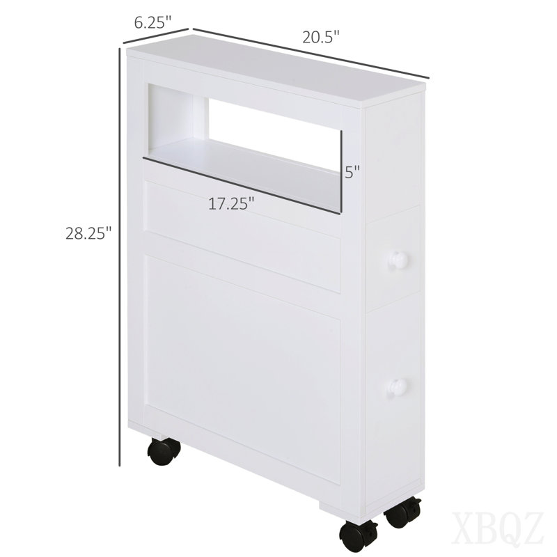 Homcom 6.25" X 20.5" X 28.25" Wood Rolling Narrow Bathroom Side Storage Cabinet - White, White