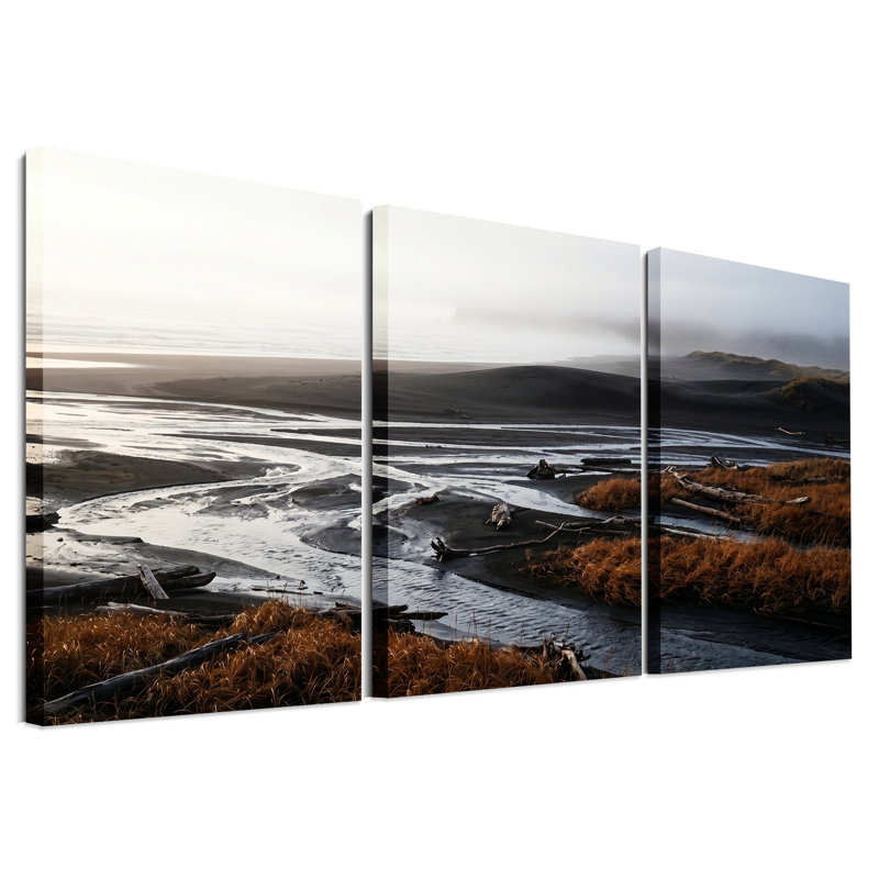 «Black Sand River Delta» avec ensemble de 3 toiles sur bois flottant et dune herbe, H 18 po x l 12 po x 3 pièces