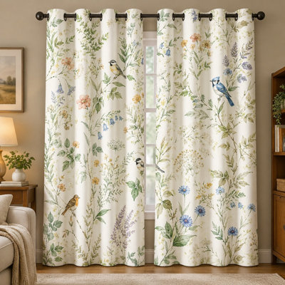 2Pcs Botanical Bird Print Grommet Blackout Curtains, Vibrant Floral & Scene Window Drapes, Noise Reducing &  Privacy Protection, Decorative for Living Room Bedroom Kitchen Indoor Home Decor