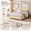 Lit plateforme Beigelora Queen Size à baldaquin capitonné beige avec cadre à quatre colonnes, tête de lit rembourrée en tissu, bandes DEL personnalisables intégrées à la tête et au pied de lit.