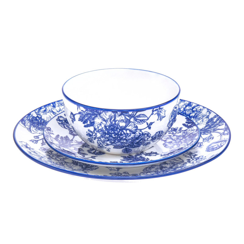White and Blue Porcelain 12-Piece Dinnerware Set, Service for 4