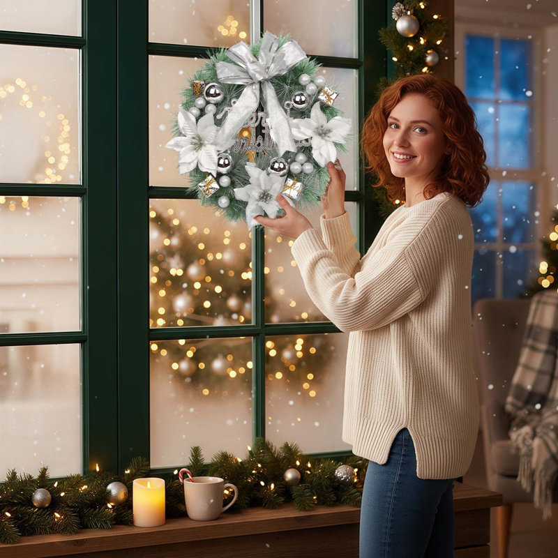 Guirlande de Noël 11,8 pouces pour porte d'entrée avec nœud papillon, décorations de Noël pour la maison, Blanc