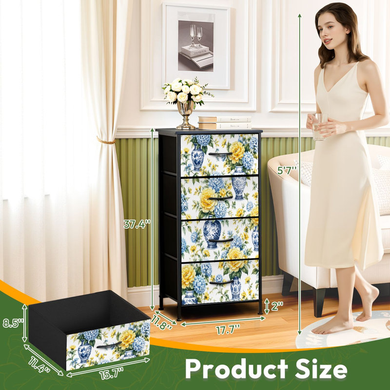 Commode 4 tiroirs pour chambre à coucher Vase floral jaune et bleu Hortensias pivoines