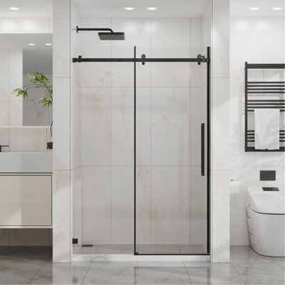 Porte de douche coulissante l 48 po x H 72 po, porte de douche en verre lisse sans cadre, verre transparent trempé de 1/4 po (6 mm) d'épaisseur avec revêtement facile à nettoyer, quincaillerie en acier inoxydable, noir mat