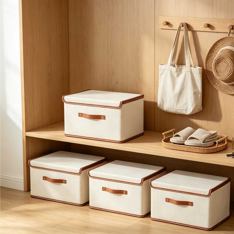 Ensemble de 4 bacs de rangement pliables en tissu avec couvercle et poignée en cuir, boîtes de rangement en tissu empilables pour garde-robe de chambre à coucher pour garde-robe