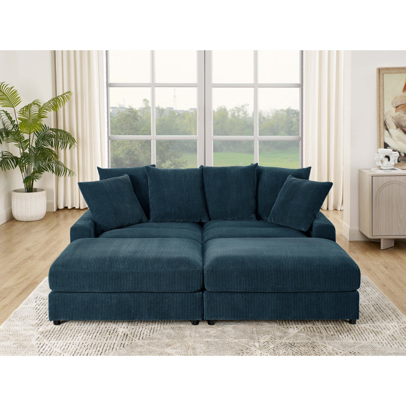 Canapé modulaire réversible de 89 po avec repose-pieds Arzuaga, Noir, Bleu sarcelle, Plastique